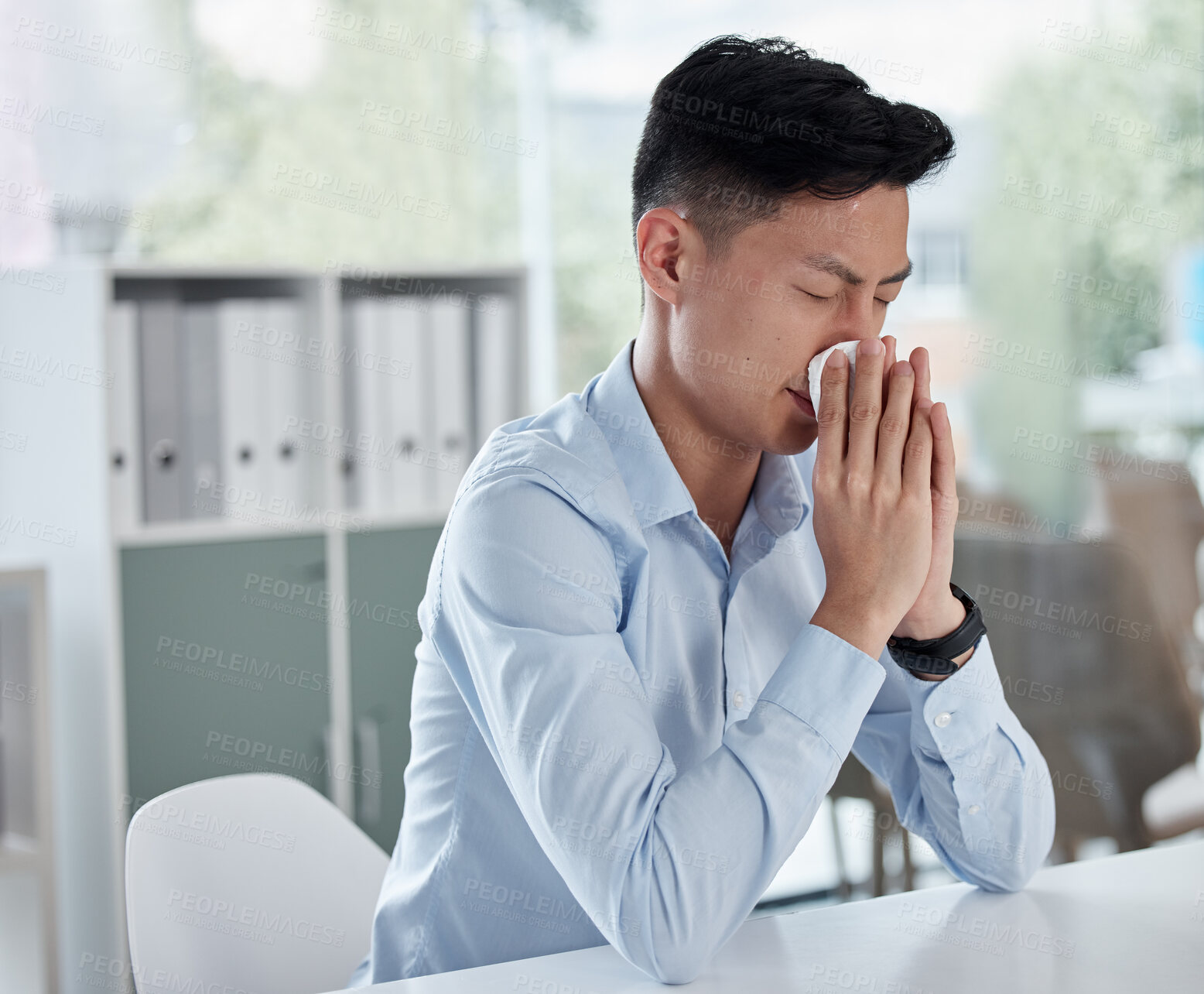 Buy stock photo Allergy, blowing nose and virus with asian man in office for illness, influenza and sick. Sneeze, bacteria and disease with male employee and tissue in corporate business for allergies and congestion