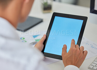 Buy stock photo Tablet screen, mockup and hands of business man in office for website, research and networking. Social media, data chart and ux with closeup of person for digital, communication and technology