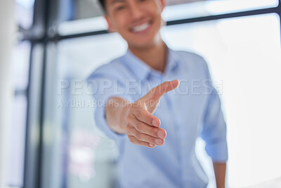 Buy stock photo Closeup, handshake and hand of business man for networking, job interview and welcome. Thank you, contract and hiring with male employee in office for negotiation, consulting and partnership