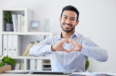 Buy stock photo Asian man, heart hands and portrait with happy in office, job growth and consultant with trust sign. Professional person, care emoji and smile face, start up and business support by desk with laptop