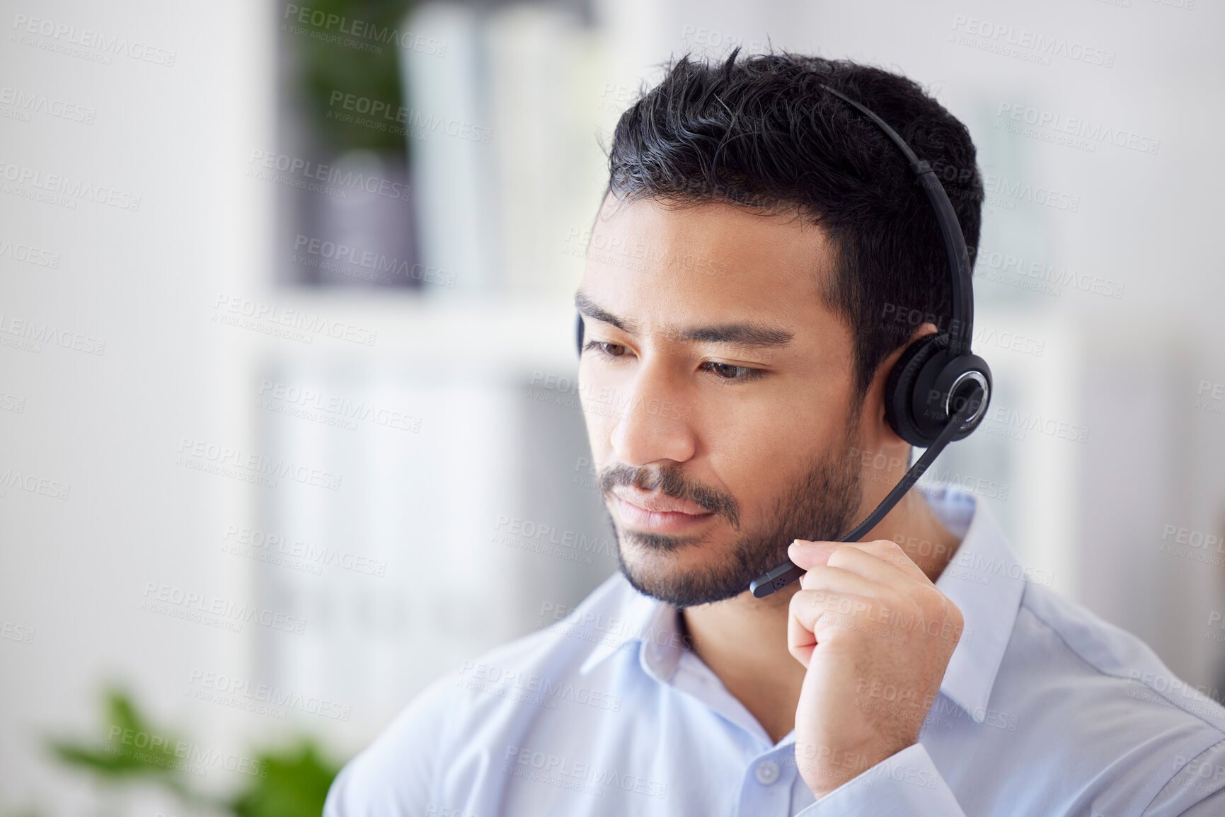 Buy stock photo Call center, customer service and man with mic for telemarketing, networking and help in office. Corporate, contact and worker talking with headset for communication, crm business and online support