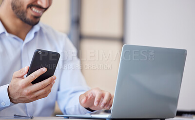 Buy stock photo Laptop, phone and closeup of businessman in the office doing research on the internet for project. Technology, professional and male person working on a computer and cellphone in the workplace.