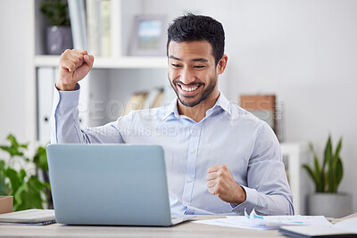 Buy stock photo Asian man, success fist and laptop by desk with happy, stock market deal and investment portfolio growth in office. Profit, winner hands and smile by computer with technology and online with cheering