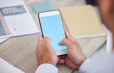 Buy stock photo Business hands, phone screen and mockup for social media, online information or website at office desk. Professional person typing, search or scroll on mobile app with marketing space for online chat