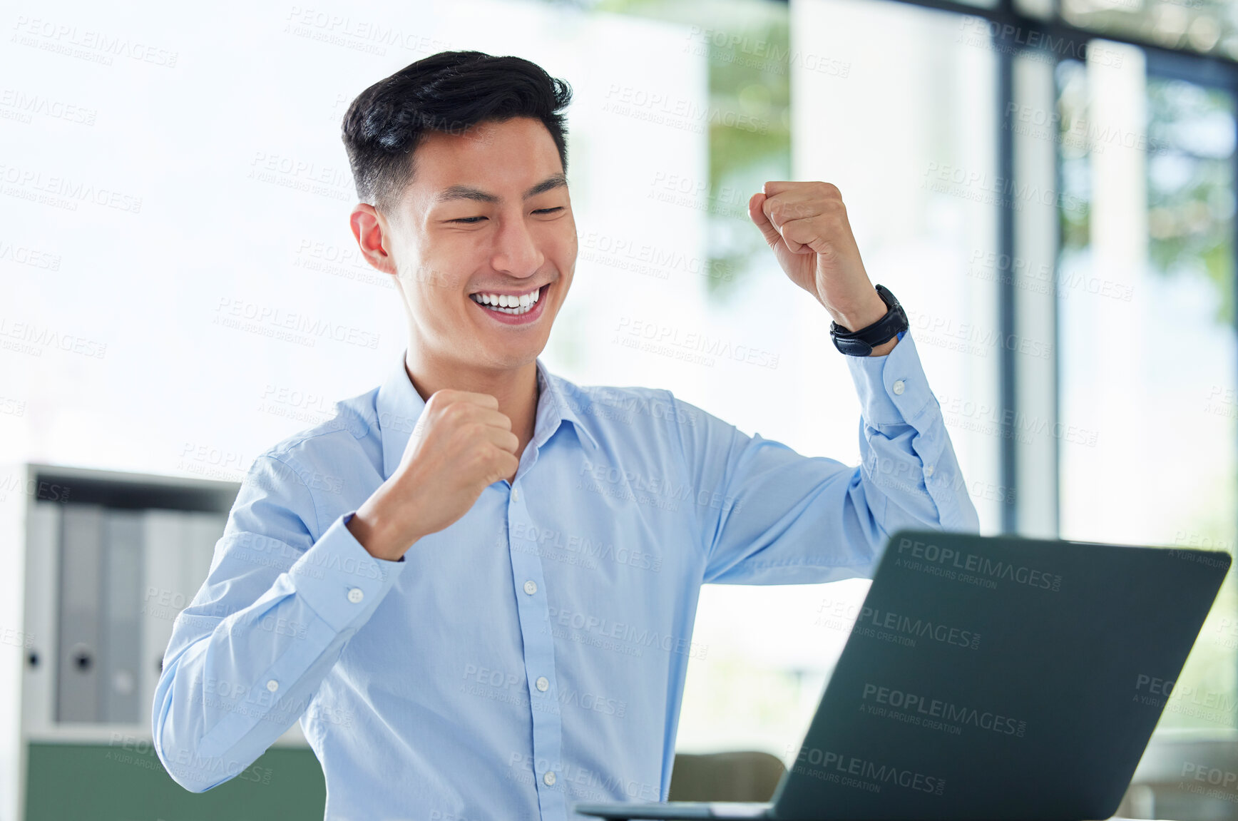 Buy stock photo Winning, computer and business man in success, yes and cheers for bonus, investment and online profit or news. Winner, professional accountant or asian person with fist, celebrate sales and laptop 