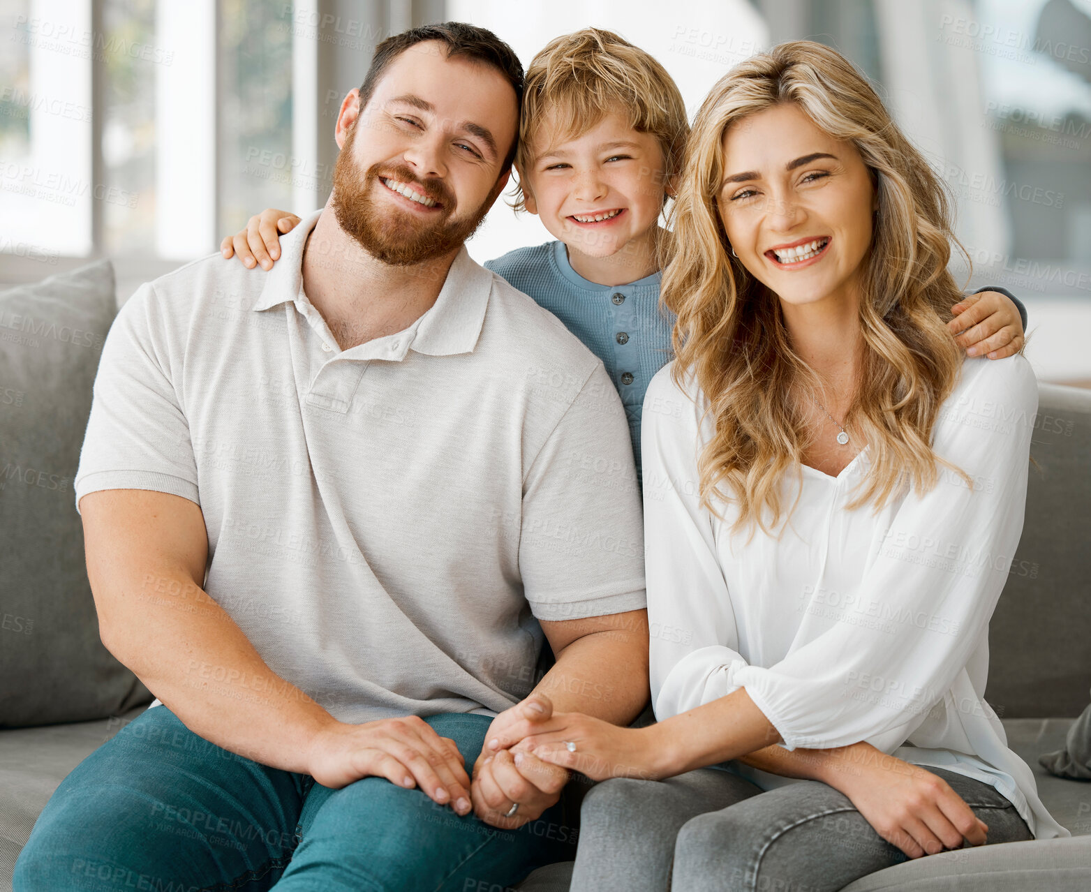 Buy stock photo Parents, portrait and couch with hug, son and smile with love, bonding and care in family home together. Father, mother and boy child with happiness, embrace and relax on living room sofa in house