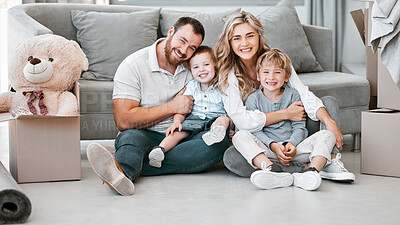 Buy stock photo Moving, smile and portrait of family in new house for property, investment and future. Real estate, happy and rent with parents and children in living room of home for relocation, homeowner and relax