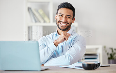Buy stock photo Portrait, business man and accountant smile in office, workplace or company. Face, happy and Asian male professional, entrepreneur or auditor from Singapore with success mindset for career or job.