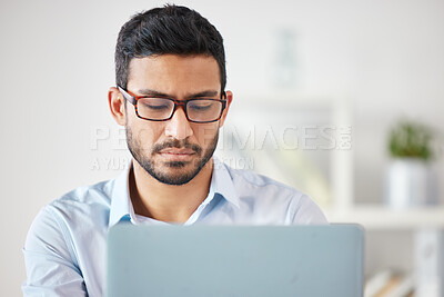 Buy stock photo Laptop, business man and accountant in office, workplace or company. Computer, working and Asian male professional, entrepreneur or auditor work on accounting, reading email or focus on web research