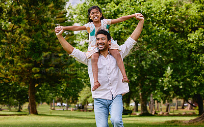 Buy stock photo Indian dad, daughter and shoulders in park with smile, airplane game or piggyback in nature on holiday. Man, girl and playing together in garden, woods and summer sunshine for happy family vacation