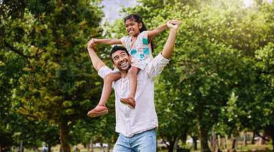Buy stock photo Indian father, daughter and shoulders in park with smile, airplane game or piggyback in nature on holiday. Man, girl and playing together in garden, woods or summer sunshine for happy family vacation