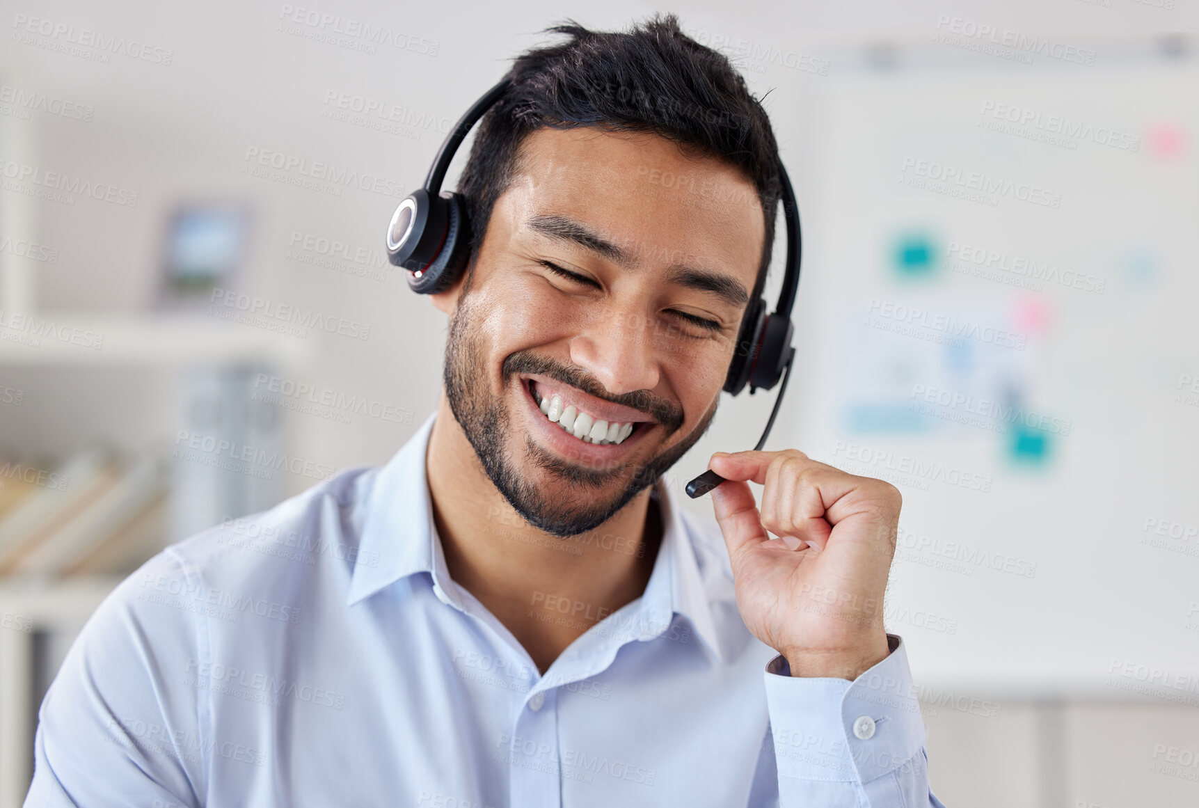 Buy stock photo Smile, call center and Asian man telemarketing, customer service or technical support. Crm, contact us and sales agent, consultant and employee working at business help desk, consulting and listening