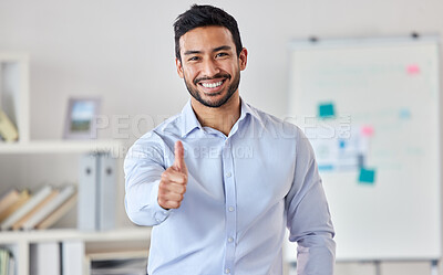 Buy stock photo Portrait, smile and business man with thumbs up for success, support or agreement. Face, like hand gesture and Asian person with emoji for excellence, review or yes, welcome and thank you for vote.