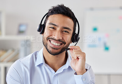 Buy stock photo Portrait, call center and Asian man smile for telemarketing, customer service or technical support. Face, contact us and sales agent, crm consultant and person from Singapore working at help desk.
