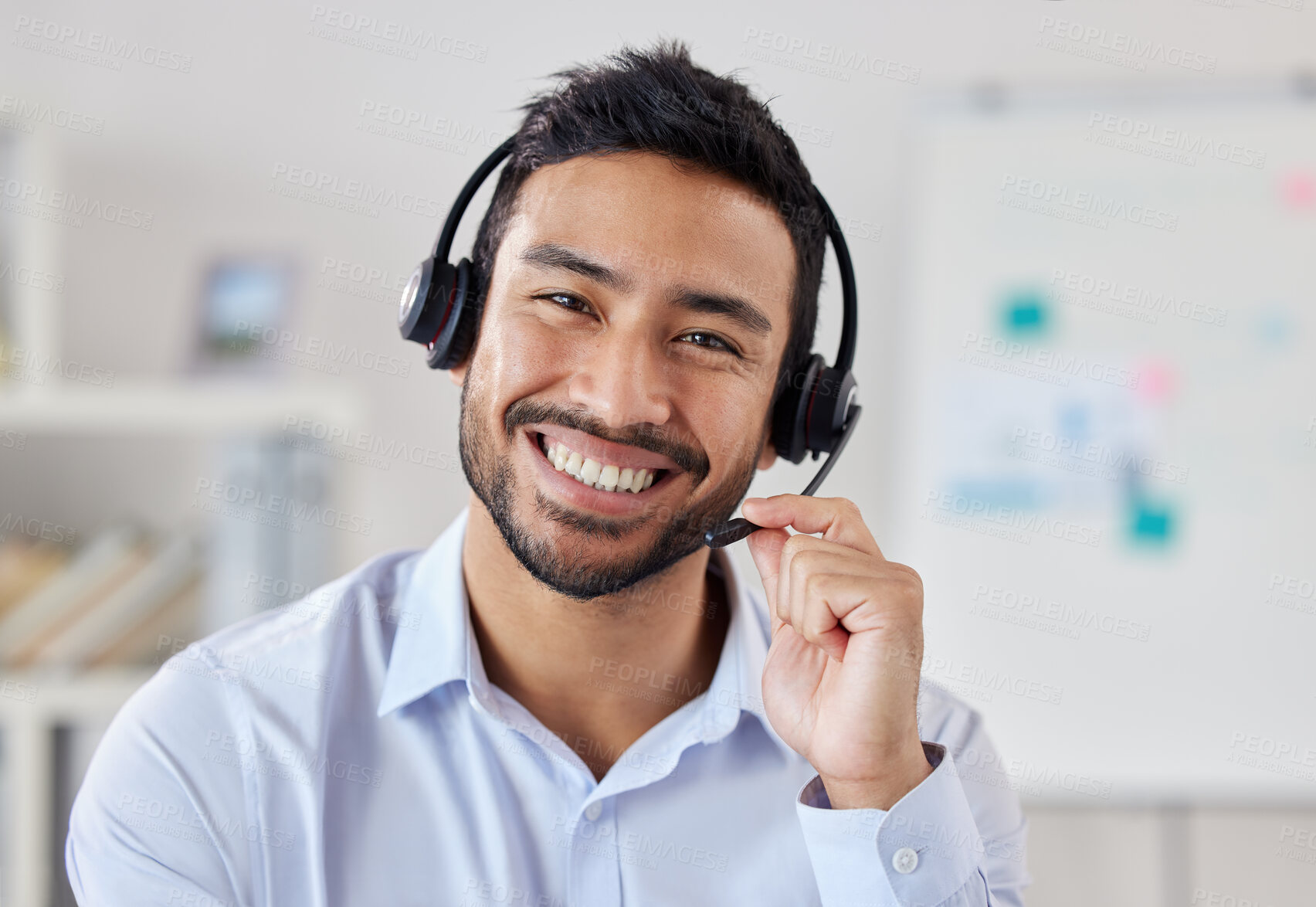 Buy stock photo Portrait, call center and Asian man smile for telemarketing, customer service or technical support. Face, contact us and sales agent, crm consultant and person from Singapore working at help desk.