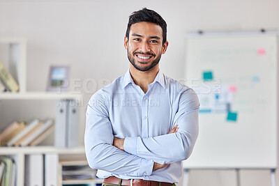 Buy stock photo Smile, education and portrait of man teacher in a classroom or school and happy to study in a college or university. Academy, educator and young person or worker arms crossed and confident in class