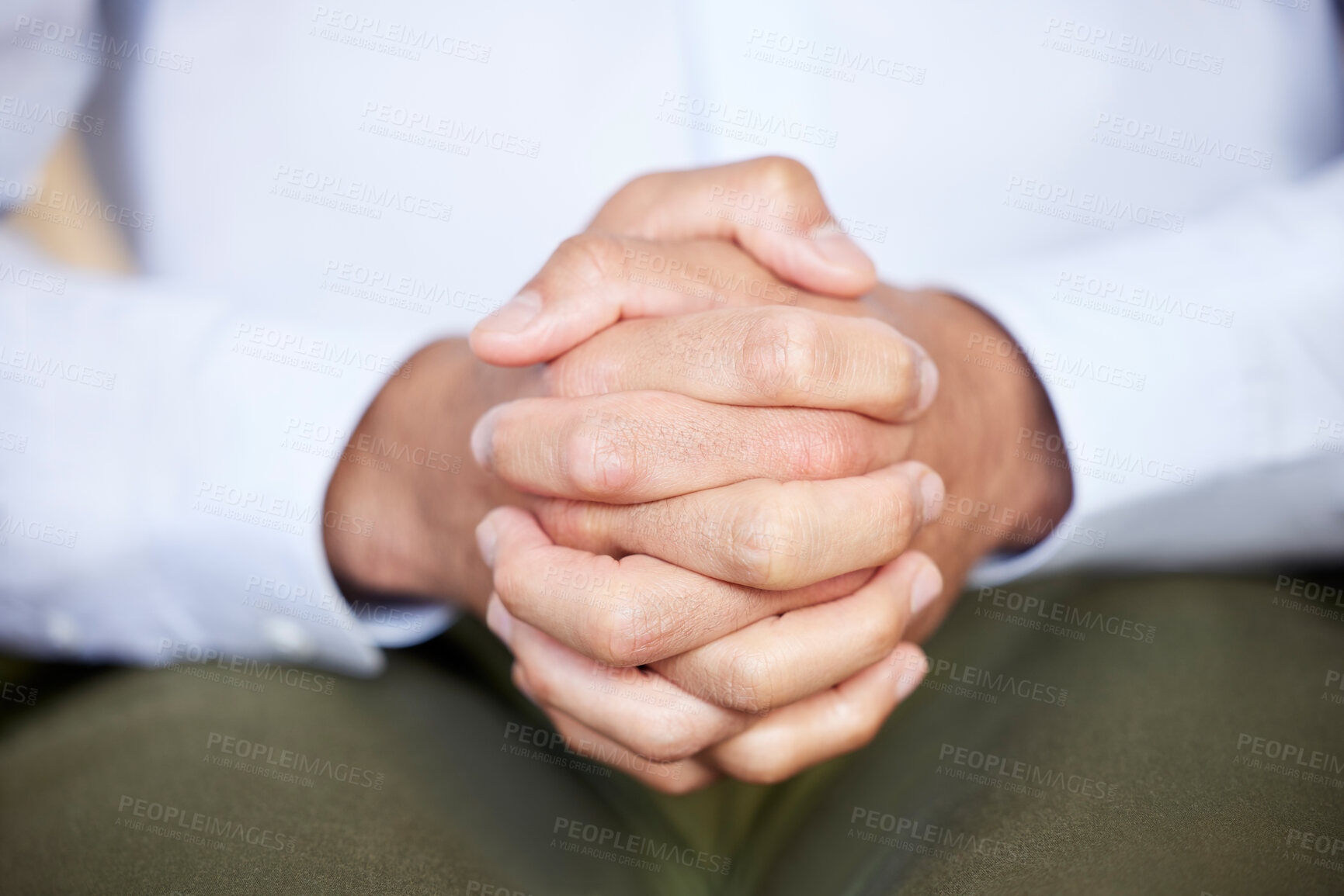 Buy stock photo Closeup, hands or patient in therapy, anxiety or stress with mental health issue, depression or concerned.  Zoom, nervous person and client with problem, frustrated or psychotherapy with hand gesture