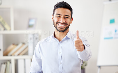 Buy stock photo Thank you, portrait of businessman with thumbs up and in office happy at his modern workplace. Success or achievement, motivation and cheerful male person with a hand emoji for support or deal