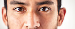 Closeup of an unknown asian man's face and eyes looking forward and into the camera. Zoom headshot of a mixed race man staring and watching in front. Healthy eyecare for clear optics and vision