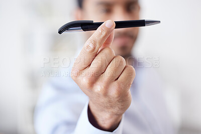 Buy stock photo Hands, business man and pen in office for writing, working or product in company workplace. Handwriting, pens and male professional holding ballpoint stationary to write, drawing or sketch signature.