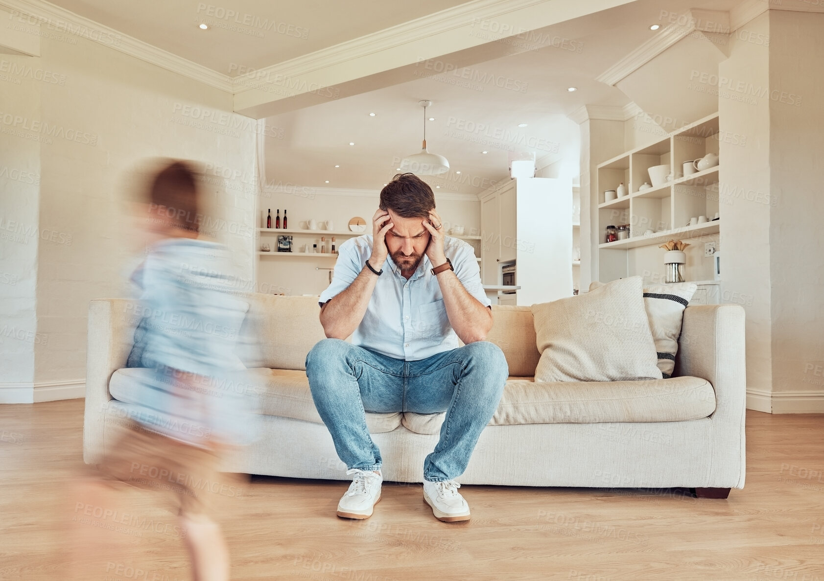 Buy stock photo Headache, father and kids running in living room, depression and fatigue. Stress, tired dad and children run in lounge, exhausted or burnout, migraine or frustrated, pain or noise on sofa in house