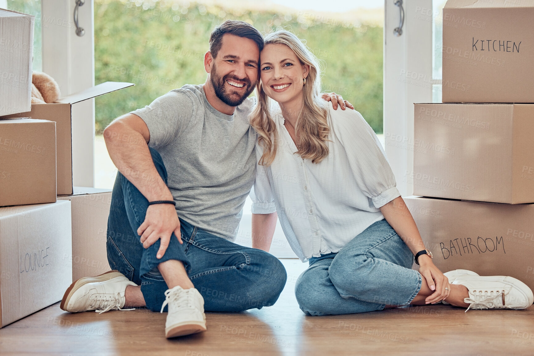 Buy stock photo House, portrait and happy couple on floor of new home, real estate and property loan for relocation. Man, woman and partner moving in together for building investment, mortgage and boxes in apartment