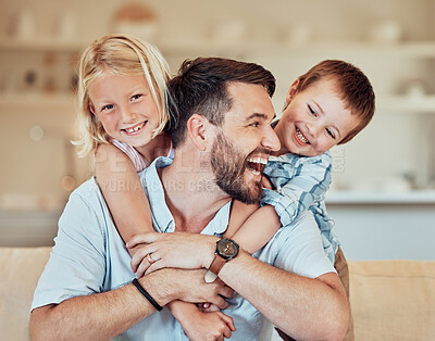 Buy stock photo Man, kids and smile for piggyback in living room with playful childhood, happiness and fathers day in family home. Happy children hug dad for bond, love and care to relax in lounge for quality time
