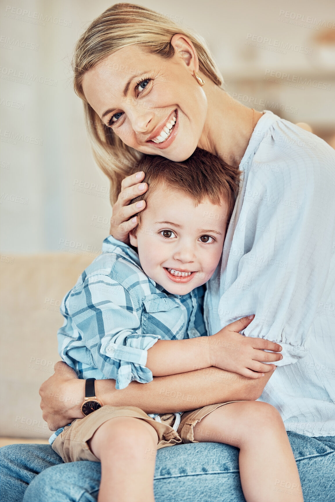 Buy stock photo Portrait of woman, boy and hug in home for love, care and quality time together on mothers day. Happy mom, family and hugging cute son for support, comfort and childcare to relax in house with smile