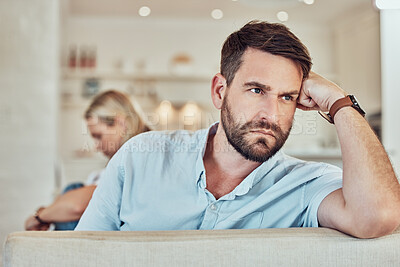Buy stock photo Man, sad and angry in fight for divorce of couple with problem, anger and crisis of conflict at home. Face of male person ignoring partner in argument, frustrated marriage and stress of bad break up