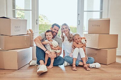 Buy stock photo Portrait, parents and kids on floor of new house, real estate and property loan for family home. Happy children, mom and dad moving together for building investment, mortgage and boxes in apartment