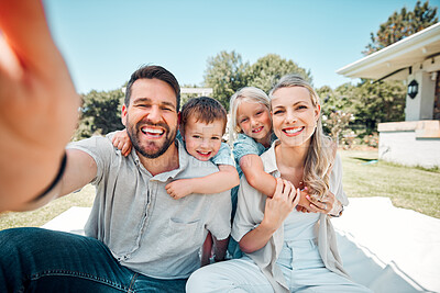 Buy stock photo Portrait of happy family with little kids taking selfies in a garden. Smiling caucasian couple bonding with their son and daughter in a backyard. Adorable girl and boy enjoying free time with parents