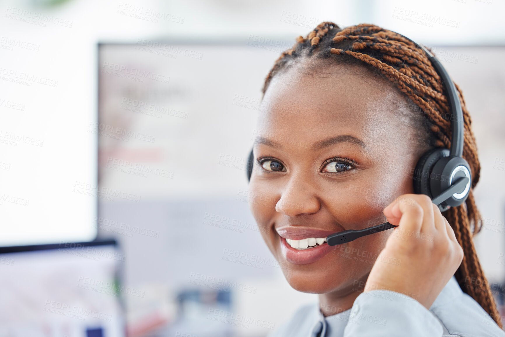 Buy stock photo Call center, customer service and portrait of female consultant working with crm communication. Telemarketing, receptionist and African woman agent on an online consultation with client in workplace.