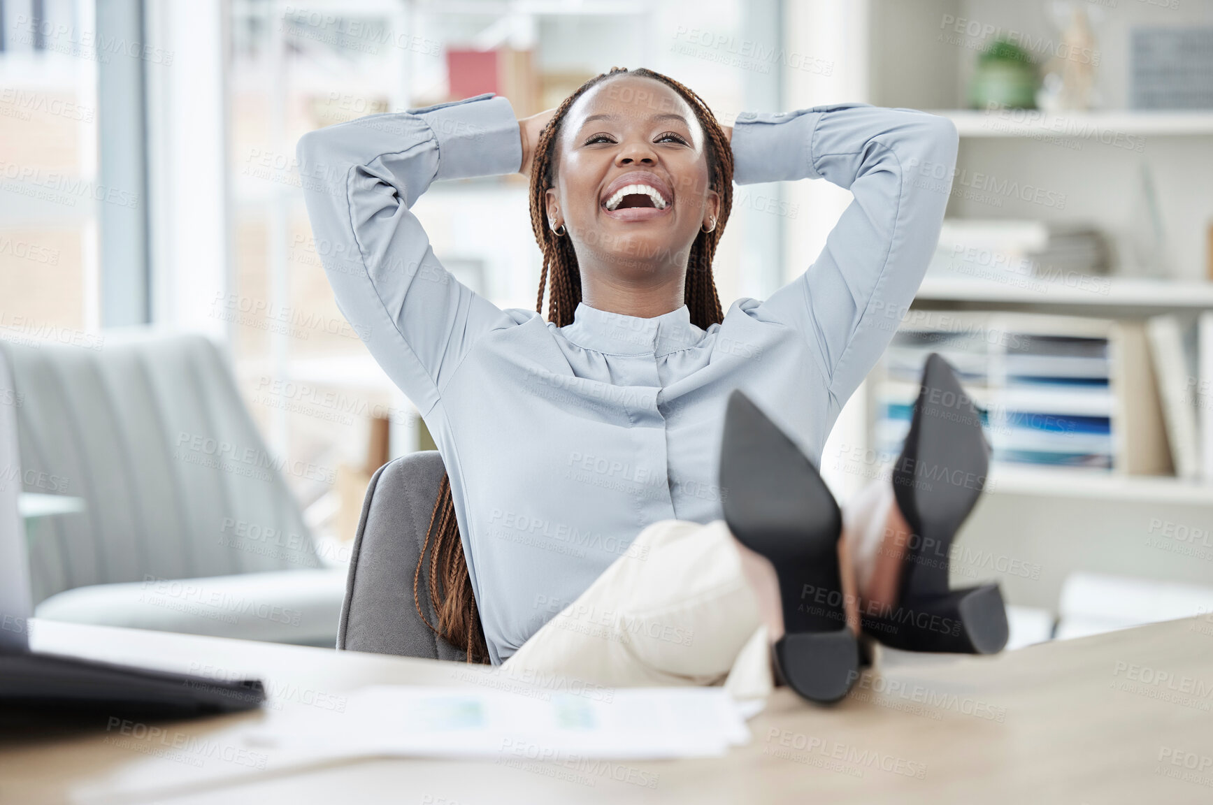 Buy stock photo Business, relax and black woman with feet on a desk, smile or achievement with confidence, career or professional. Female person, employee or consultant with completed task, rest and finished project