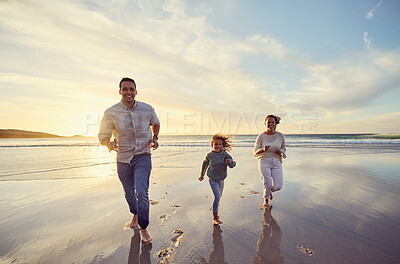 Buy stock photo Mother, father and girl on beach at sunset for family holiday, summer vacation and weekend. Nature, travel and happy mom, dad and child running in ocean waves for bonding, playing and quality time