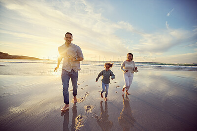 Buy stock photo Mother, father and child run on beach on holiday, summer vacation and weekend together. Nature, family travel and happy mom, dad and girl playing for bonding, adventure and quality time at sunrise