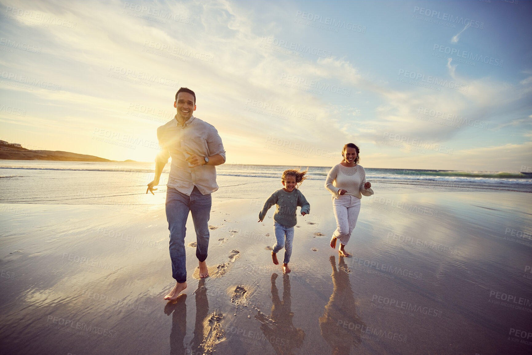 Buy stock photo Mother, father and child run on beach on holiday, summer vacation and weekend together. Nature, family travel and happy mom, dad and girl playing for bonding, adventure and quality time at sunrise