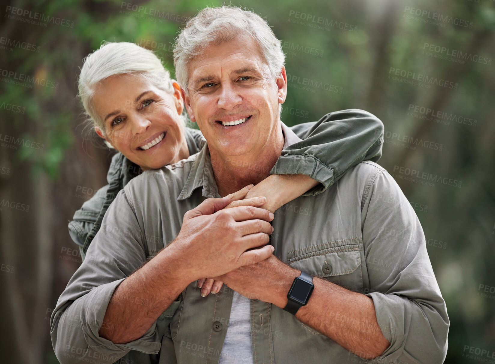 Buy stock photo Nature, hiking and portrait of senior couple with smile on adventure in forest, woods and mountain for exercise. Fitness, retirement and happy elderly man and woman hug on hike for travel wellness