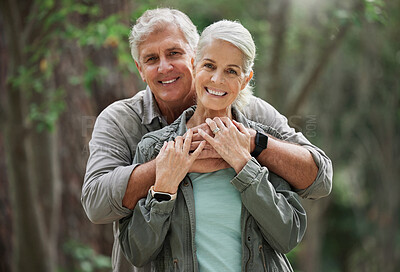 Buy stock photo Hug, hiking and portrait of senior couple with smile on adventure in forest, woods and mountain for exercise. Fitness, retirement and happy elderly man and woman trekking, walk and hike for wellness