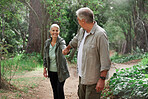 A mature couple holding hands while out hiking together. Senior couple smiling during a hike  looking happy in nature