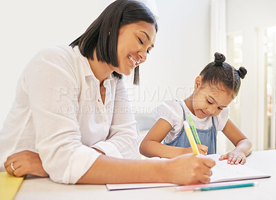 Buy stock photo Education, homework or learning with a mother and daughter in their house together for home schooling. Family, children and a female private tutor teaching a young student girl for child development