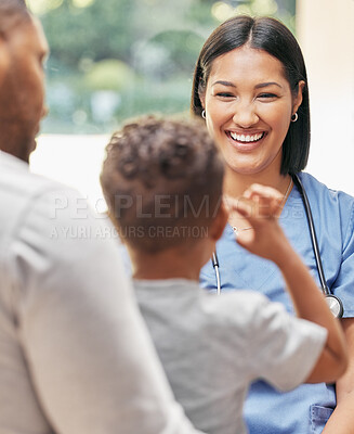 Buy stock photo Father, child and nurse for health care in a hospital while happy and talking at consultation. African woman pediatrician, man and kid patient for medical help, family insurance or development check