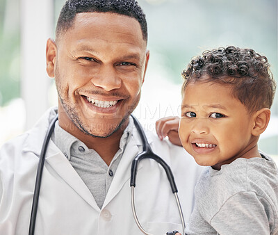 Buy stock photo Pediatrician, child and happy portrait for health care in hospital with a smile at a consultation. Face of black man or doctor and kid patient for medical help, family insurance or development check