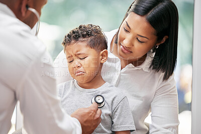 Buy stock photo Mother, sick child and doctor with stethoscope for health care in hospital for heart and lungs. African woman, pediatrician man and kid patient cry for medical check, family insurance or development