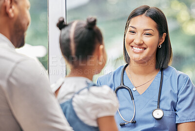 Buy stock photo Father, child and nurse talking for health care in a hospital while happy at consultation. African woman pediatrician or doctor, man and kid patient for medical check, family insurance or development