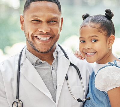 Buy stock photo Doctor, child and happy portrait for health care in hospital with a smile at a consultation. Face of black man or pediatrician and girl patient for medical help, family insurance or development check