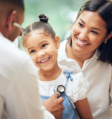 Buy stock photo Happy, doctor and mother with girl, healthcare checkup and listen to heartbeat, friendly or consultation. Physician, mama or daughter in the hospital, appointment or stethoscope for diagnosis or care
