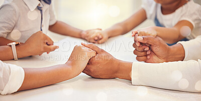 Buy stock photo Family, prayer and hand on a table in a closeup for faith, unity and spiritual gratitude. Parents, children and holding hands for grace for support, peace and worship for religion at home with love.