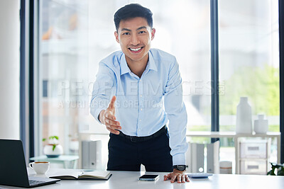 Confident asian businessman holding out his hand for a handshake. Start of a new partnership. Young professional accepting offer. Happy HR manager inviting you to join his team