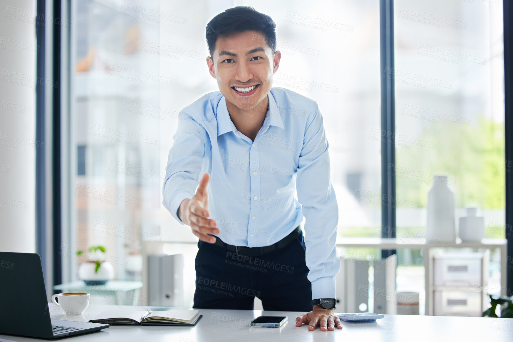 Buy stock photo Professional, man and portrait with handshake for deal at company with asian or entrepreneur. Introduction, partnership and business person for interview with collaboration and smile at startup.