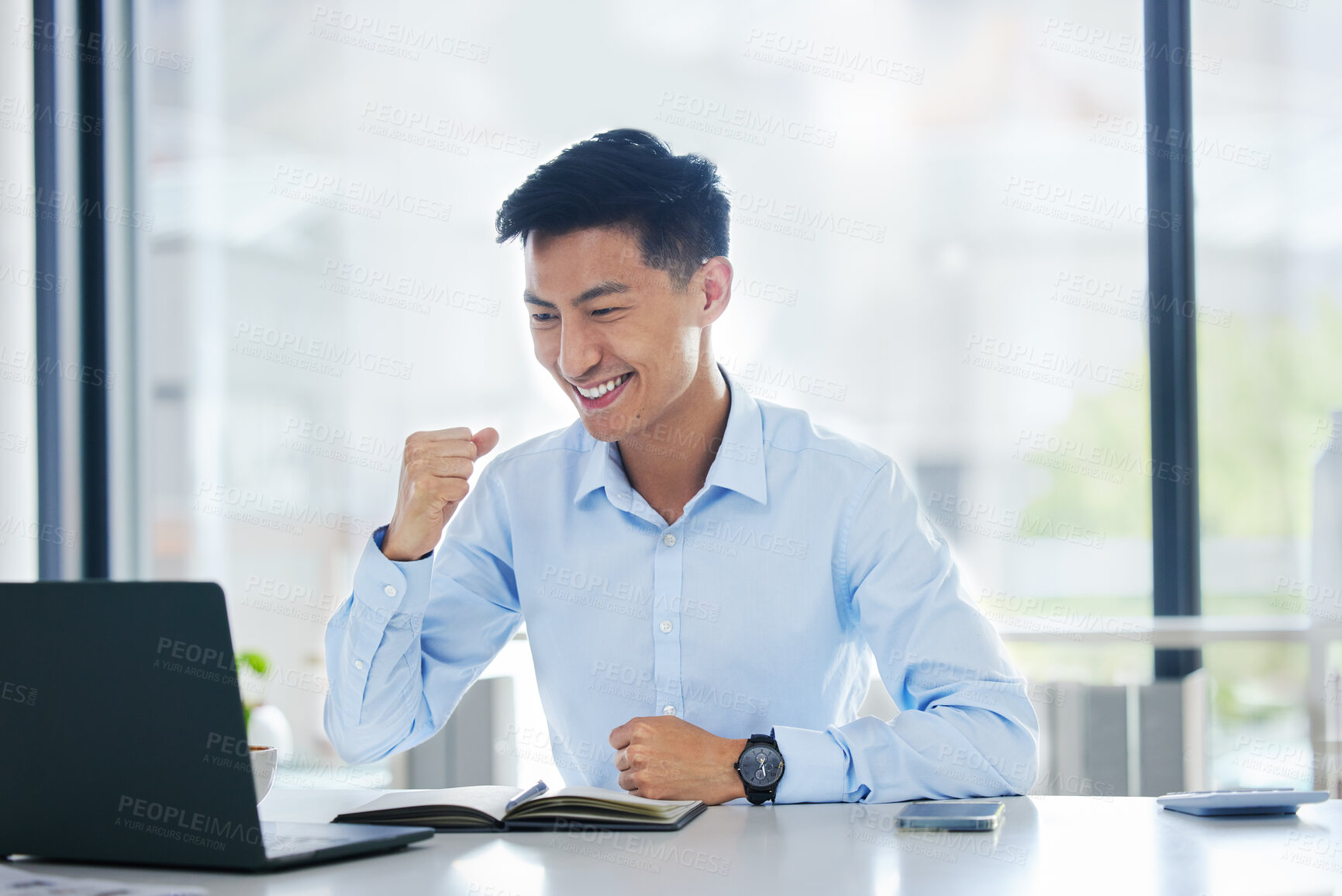 Buy stock photo Asian business man, fist celebration and happy for winning, goals or profit on stock market, gambling or esports. Japanese businessman, winner and laptop with happiness, celebrate success and fintech